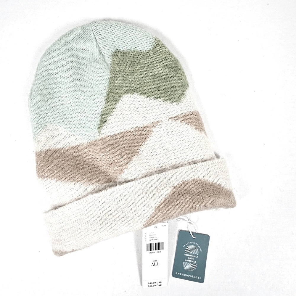 Maeve Anthropologie Abstract Mountain Knit Beanie Hat Green Tan New